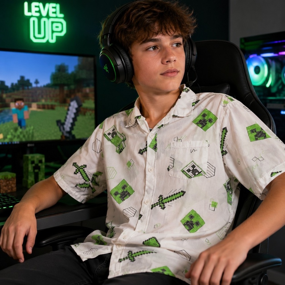 Minecraft Boy's XL Creeper Sword Camp Shirt Gamer Pixel Casual Button Up